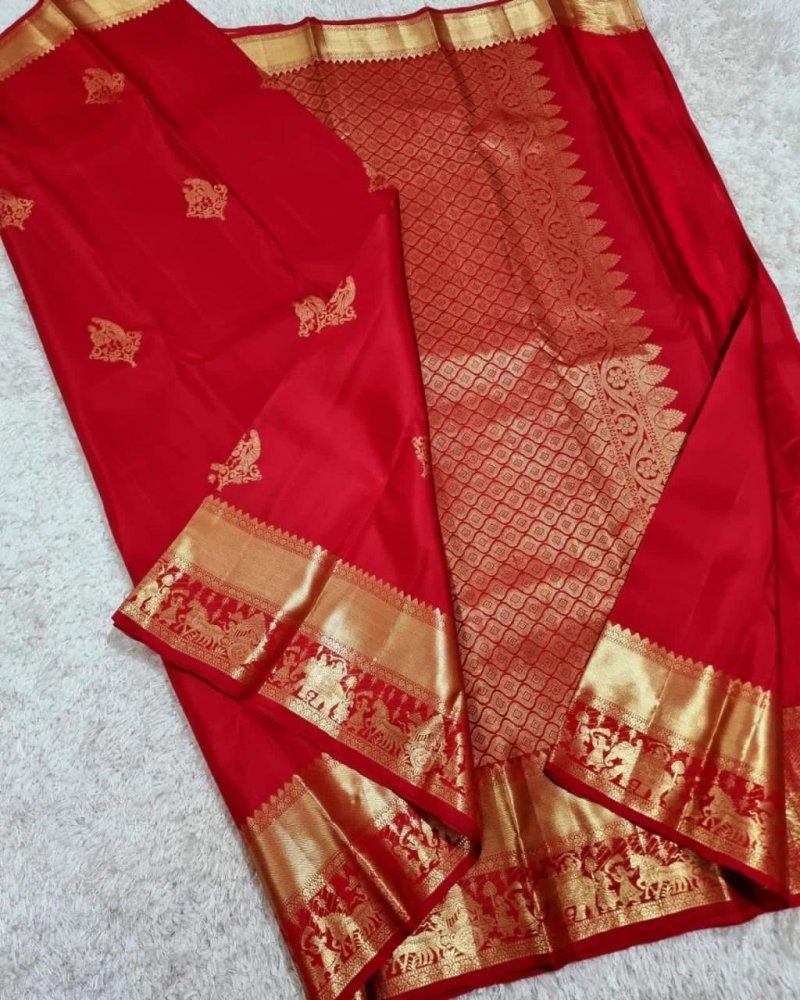 Red Palakhi By Aab Soft Lichi Silk Jacquard Border Saree
